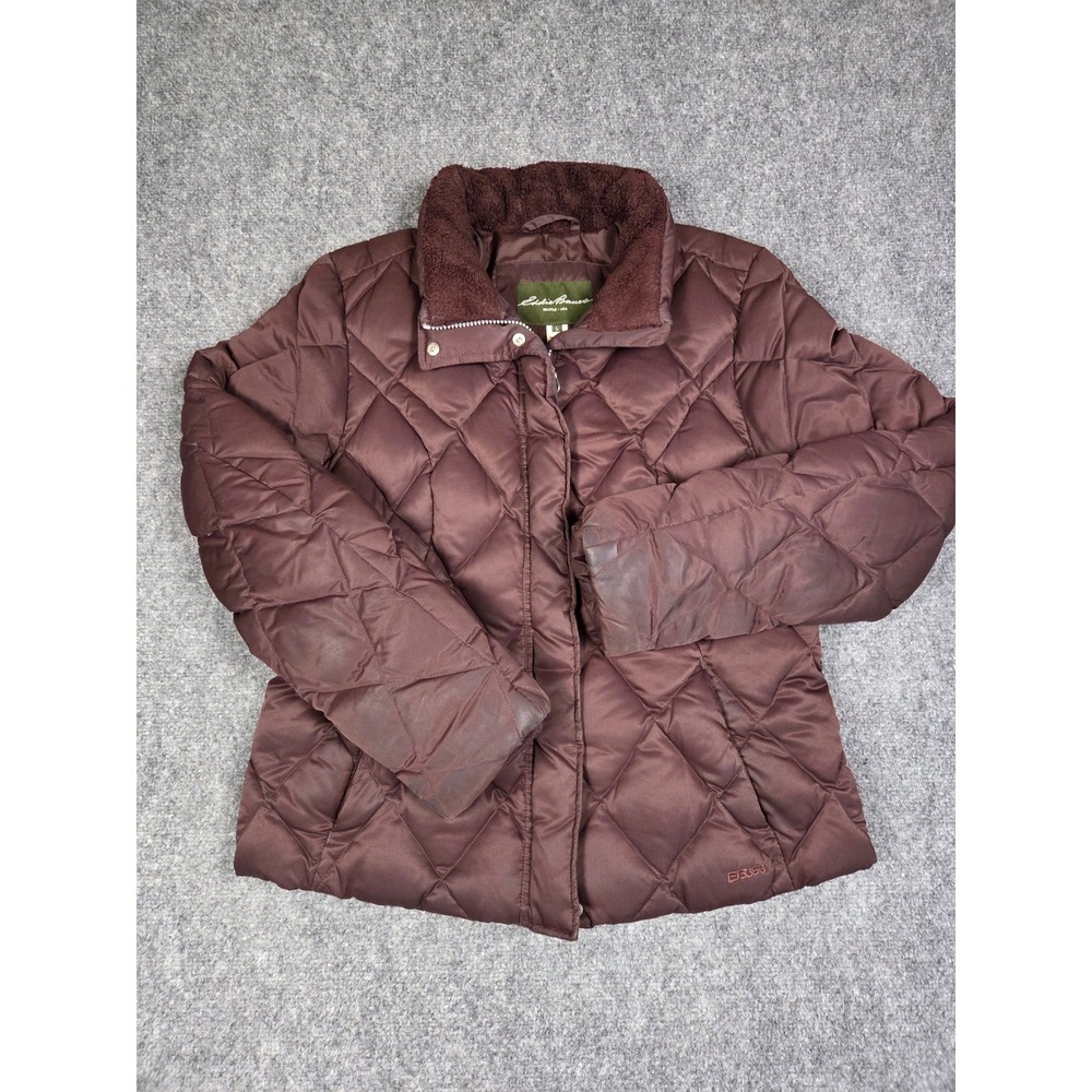 Y2k Eddie Bauer Puffer Jacket Womens Medium Burgundy Diamond Quilt Down Fill